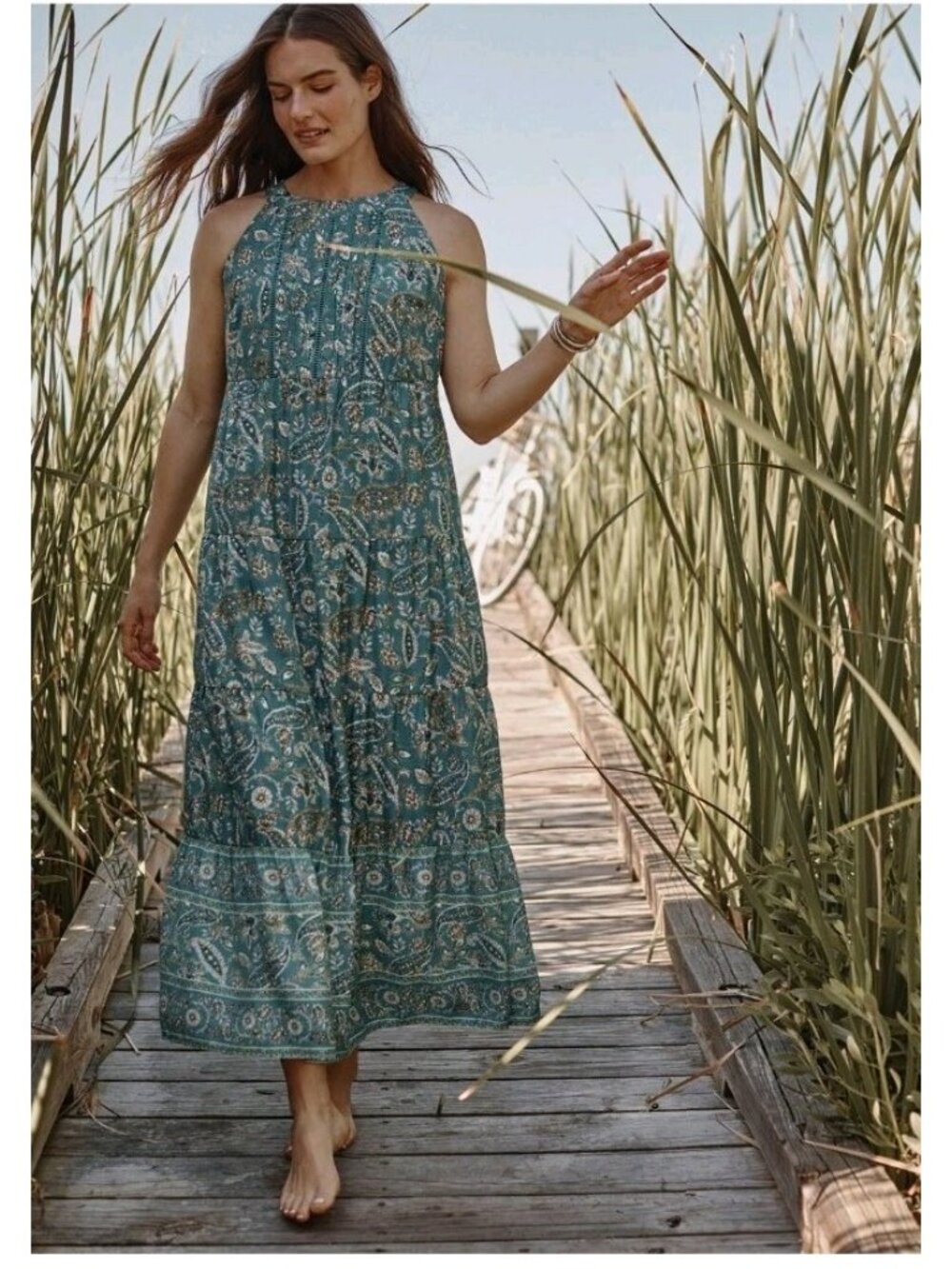 J Jill Paisley Floral Teal Sleeveless Maxi Long Dress L Large Aline Womens Flowy